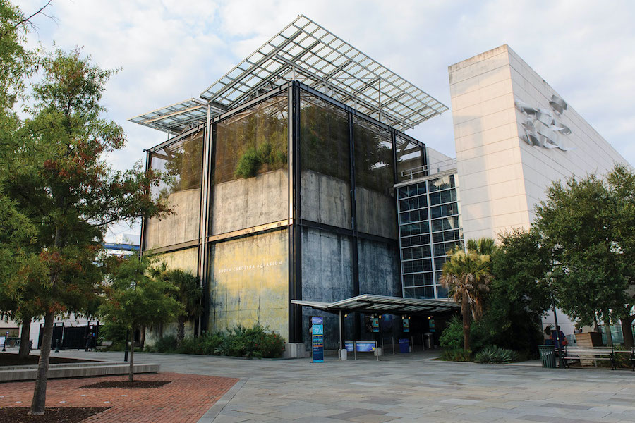 an exterior shot of the South Carolina Aquarium building, looking at at the front entrance