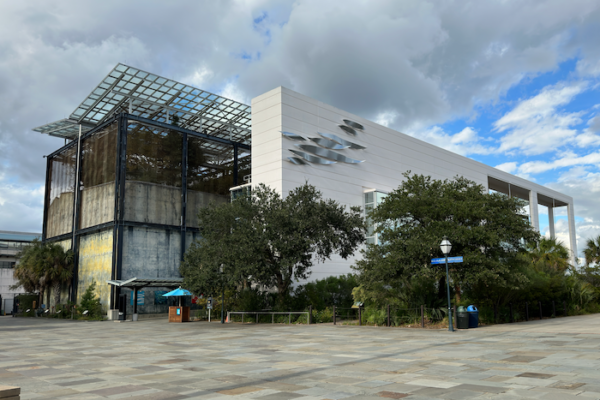 The exterior of the South Carolina Aquarium is shown on an overcast day.
