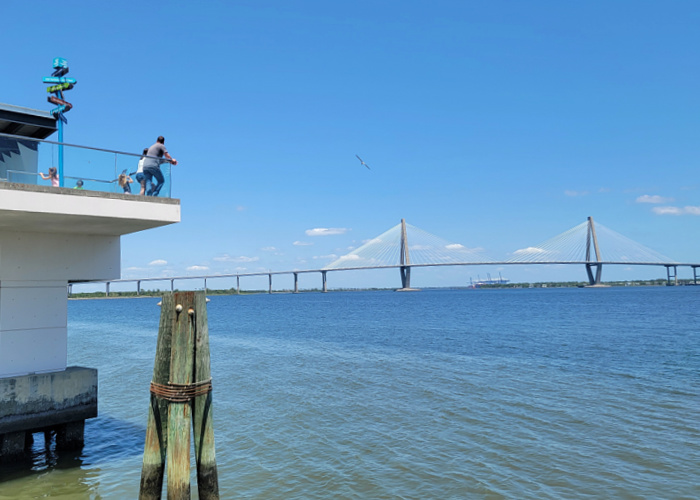 A man, woman and two children stand on the South Carolina Aquarium Harbor Overlook and gaze out to the Charleston Harbor. Lots of blue water and the Ravenel Bridge are pictured as a seagull flies by.