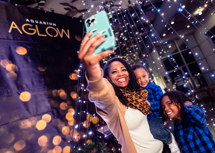 a woman takes a selfie with two young boys in front of a backdrop that reads "Aquarium Aglow" and holiday lights